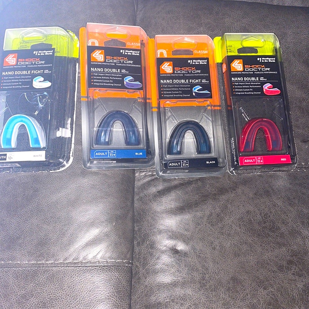 3 adult mouthguards (red,blue,black) 1 youth(white)